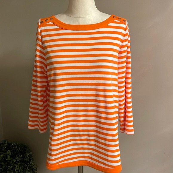 RAFAELLA weekend woman’s orange white striped top 100% cotton boat neck size L - Picture 1 of 9